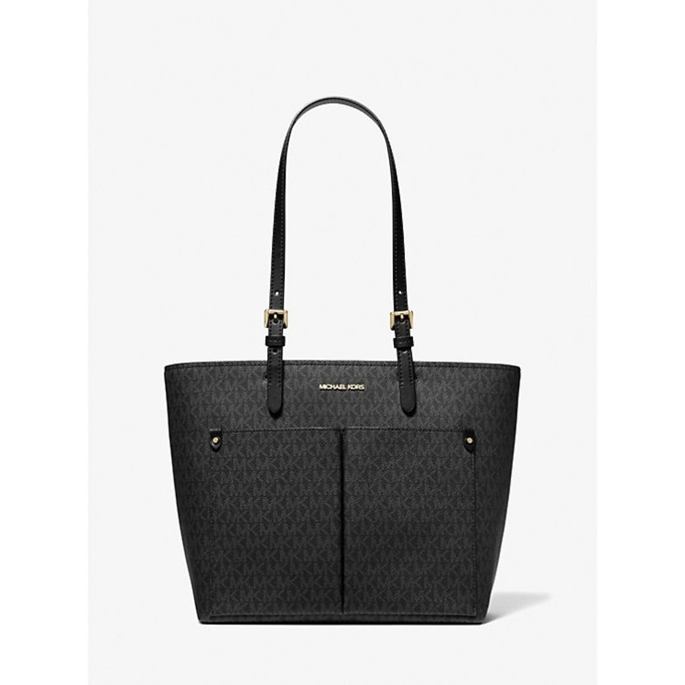 Michael Kors Jet Set Medium Logo Pocket Tote Bag~MK LOGOS~BLACK~NWT - Picture 1 of 6